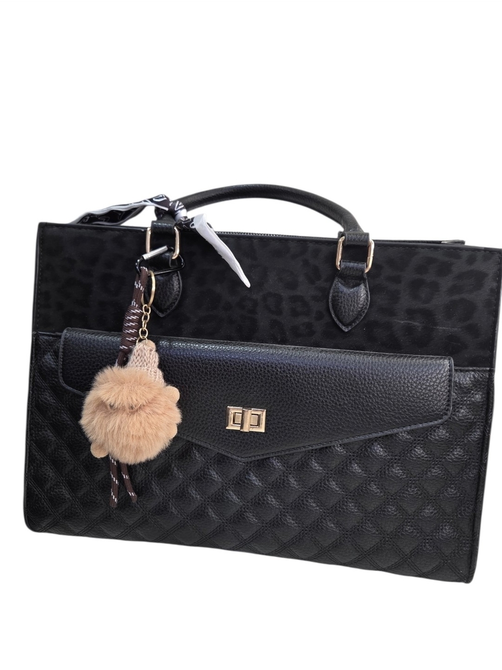 Black Quilted Tote with Leopard Accent and Pom Pom Charm